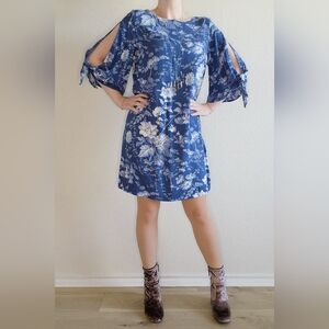 H&M Blue Floral Midi Shift Dress, Size 10